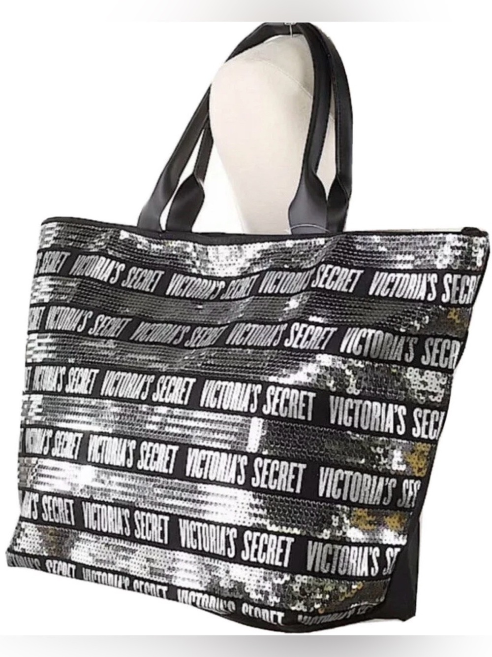 NWT Victorias Secret LTD Edition Black Silver Sequin Weekender Beach Travel Tote
